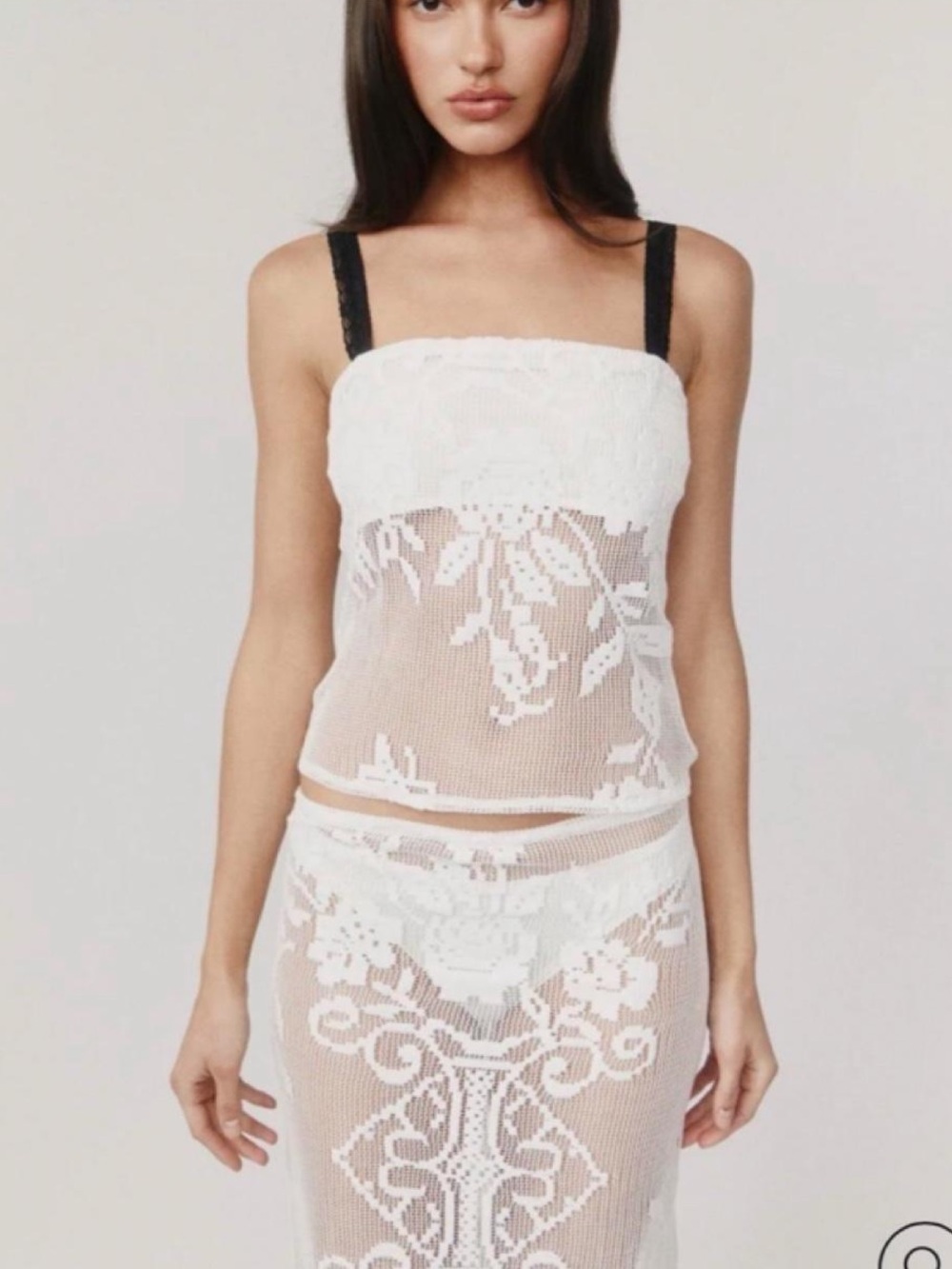 With jéan white black lace embroidered crochet floral cutout cami top mesh sheer